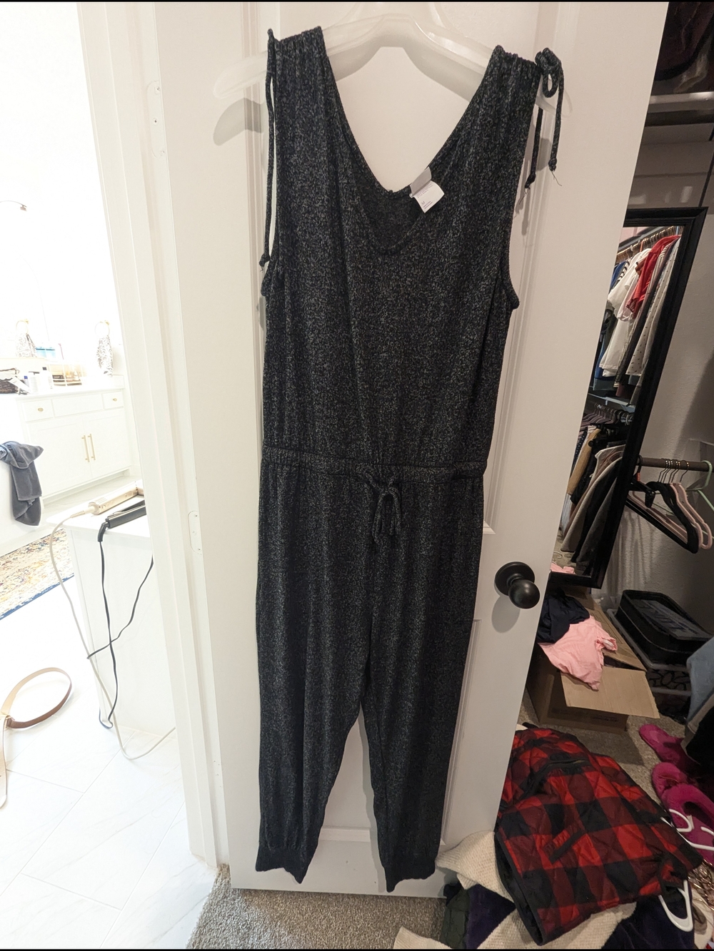 Women’s Black Metallic Jumpsuit with Drawstring Waist